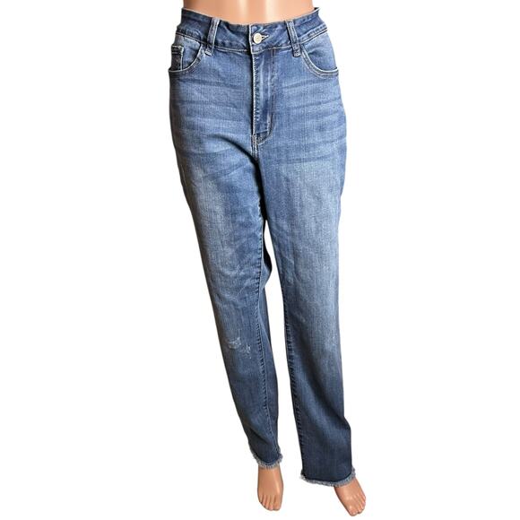 Judy Blue Boyfriend Fit Jeans 14W Distressed High Rise Fringe Hem Western Grunge - Picture 1 of 9